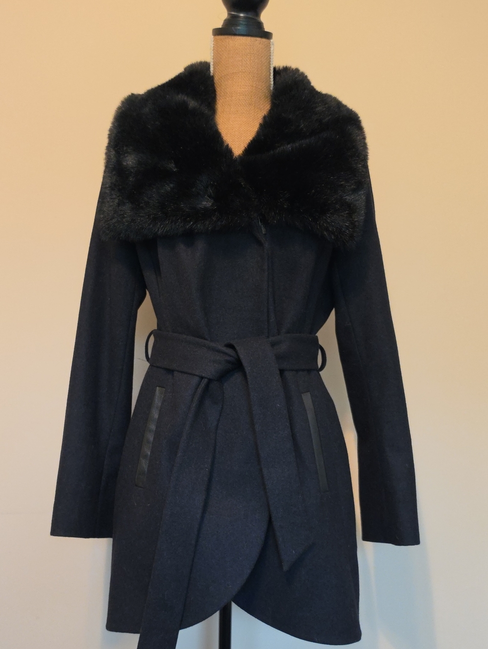 RACHEL Rachel Roy Black Belted Wool-Blend Coat with Faux-Fur Collar